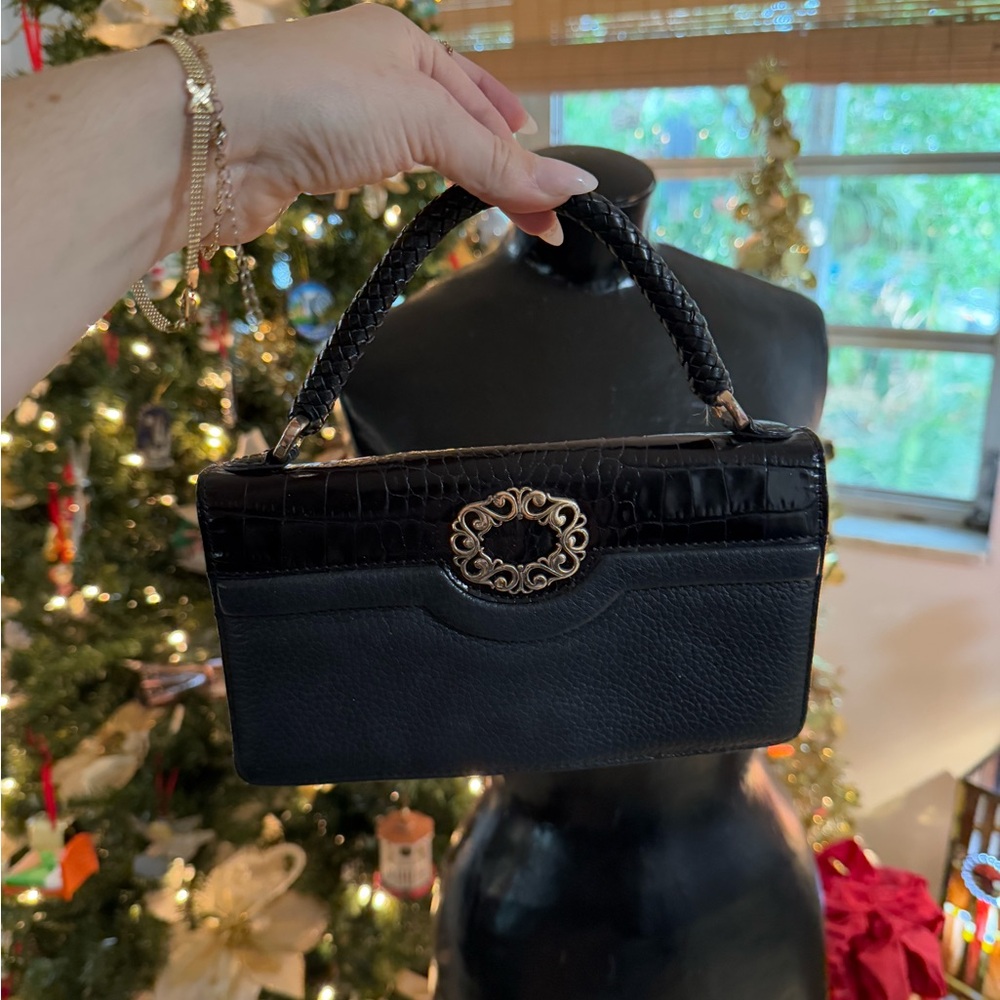 Brighton Black Leather Handbag with Gold Filigree Accent
